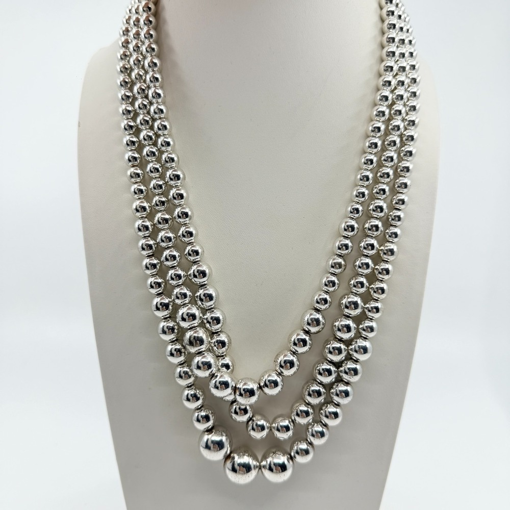 VTG Retro Silver Tone 3‎ Layer Graduated Metal Round Ball Bead Strand Necklace
